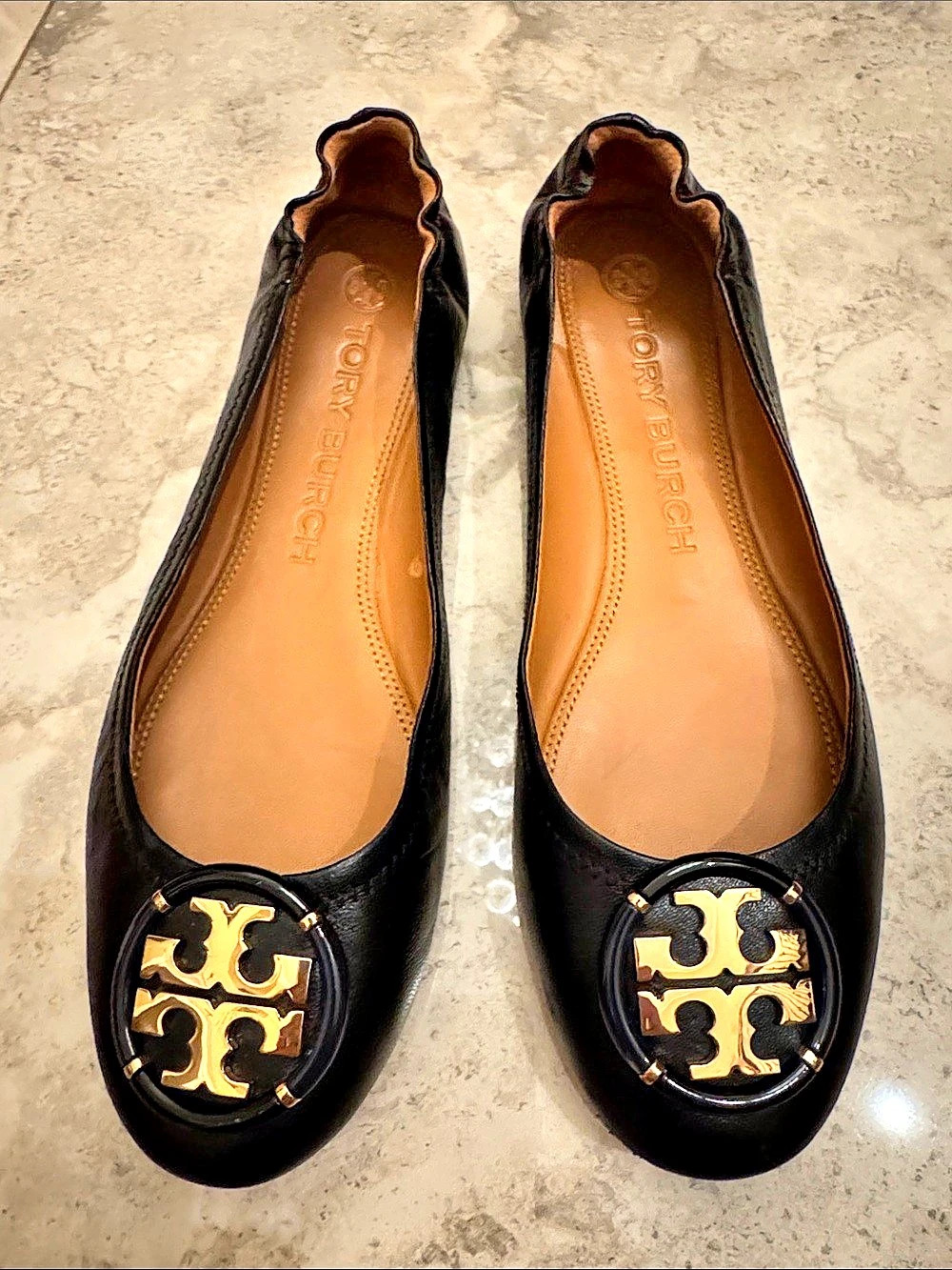 Tory Burch Multi Logo Elastic Ballet Leather Ballet Flats Black US 8 Like New